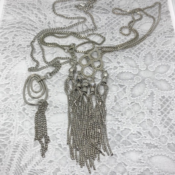 BUNDLE lot 2 silver tone long tassel necklaces statement extra long - Picture 2 of 6